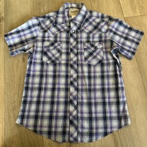 Wrangler Men's Western SS Pearl Snap Shirt Purple Blue Plaid Large Cowboy‎